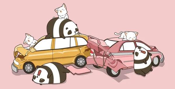 Kawaii Pandas Gatos Evento Acidente Carro — Vetor de Stock