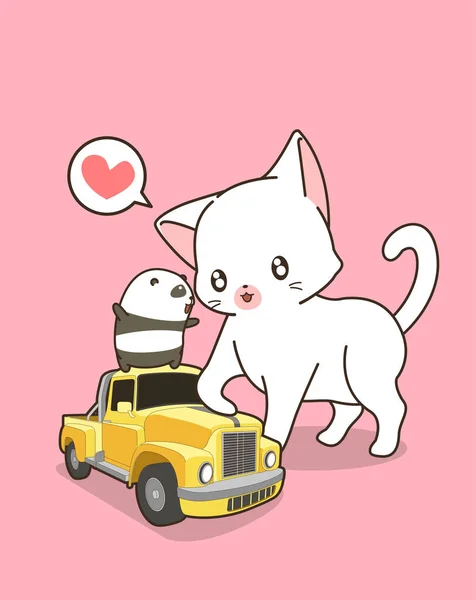 Kawaii Kat Met Kleine Gele Auto — Stockvector