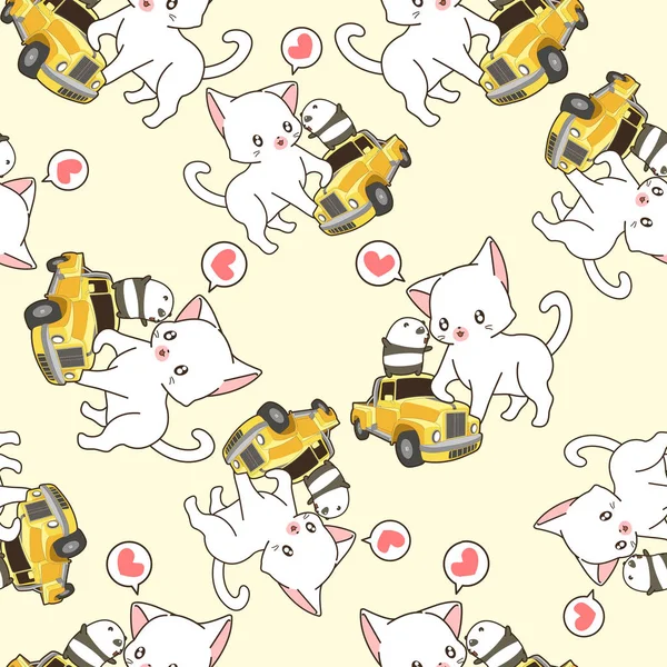 Küçük Sarı Araba Deseni Ile Dikişsiz Kawaii Kedi — Stok Vektör