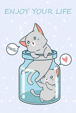 Karikatür tarzında şişede 2 küçük kedi