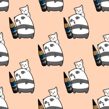 Dikişsiz panda sanatçı kedi karakter desenli kalem tutuyor