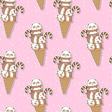 Dinozor desenli kesintisiz kawaii pandalar ve kediler