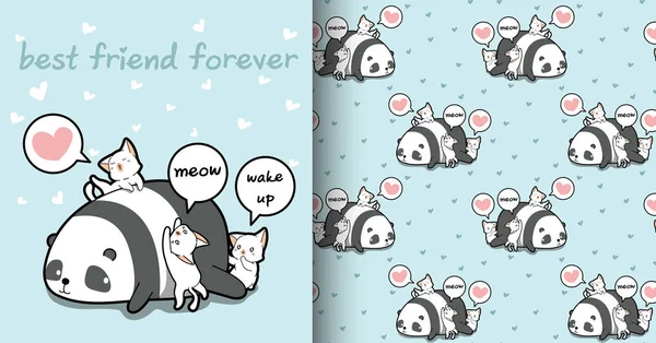 Dikişsiz Kawaii Panda Kedi Karakterleri Desen — Stok Vektör