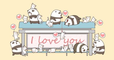 Kawaii pandalar ve kediler yerde bir otobüs beklemek