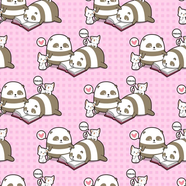 Dikişsiz kawaii pandalar ve kediler bir kitap desen okuyor