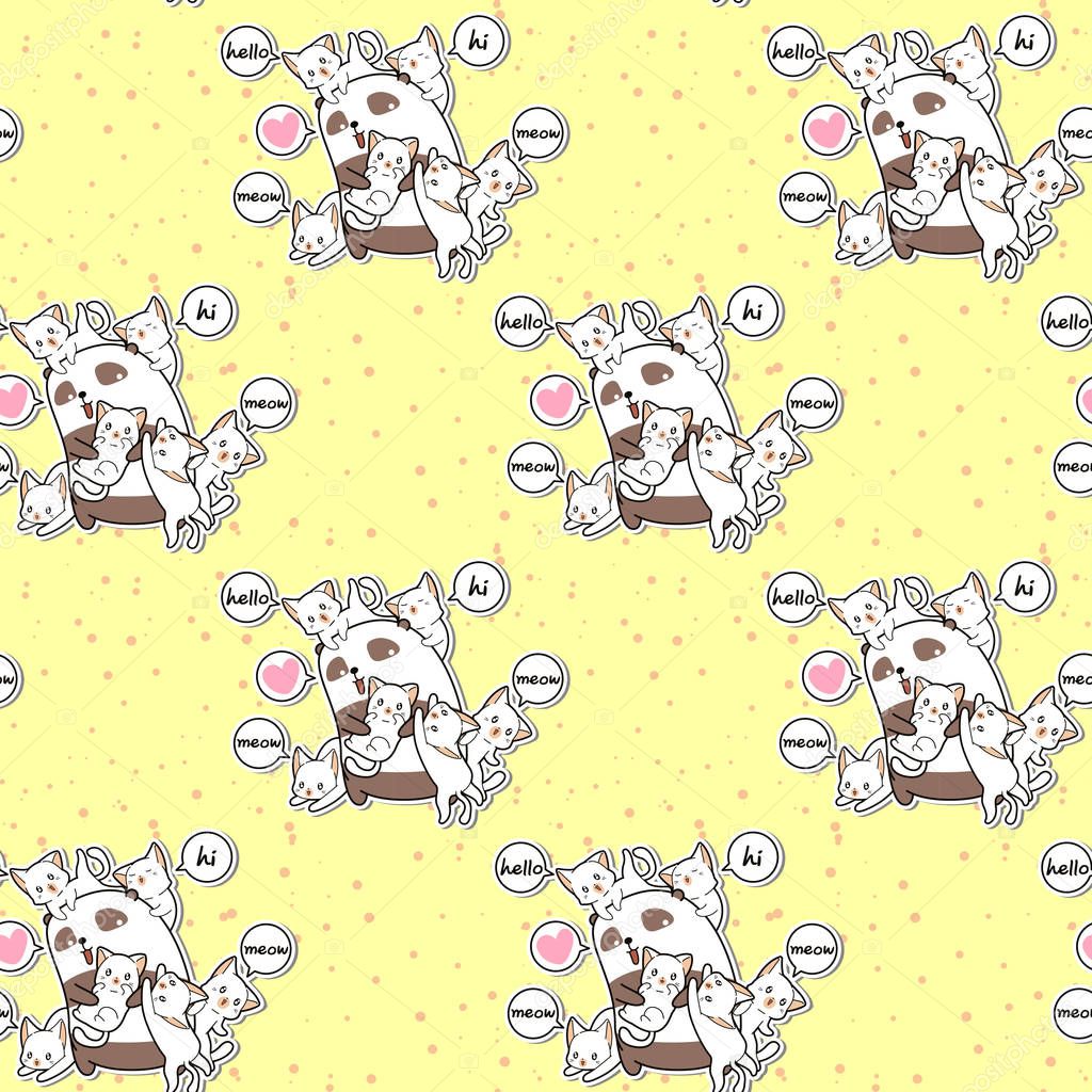 Seamless kawaii panda and friends in cartoon style pattern