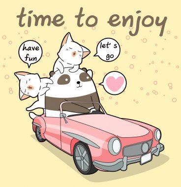 Kawaii panda 2 kedi ile pembe bir araba sürüyor