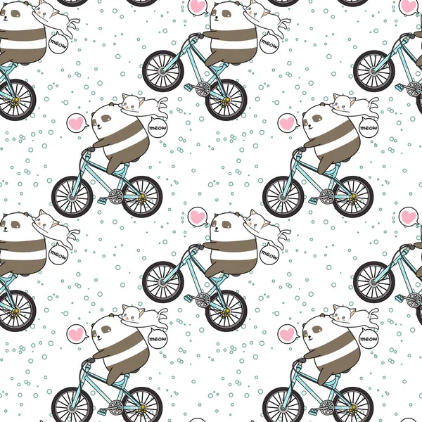 Seamless Kawaii Panda Riding Bicycle Cat Pattern — Stock Vector