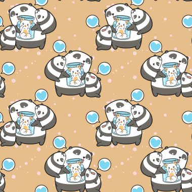 Şişe desen dikişsiz kawaii pandalar ve kedi