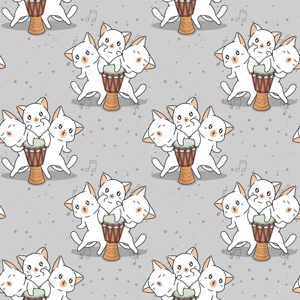 Seamless kawaii cat characters with a drum pattern
