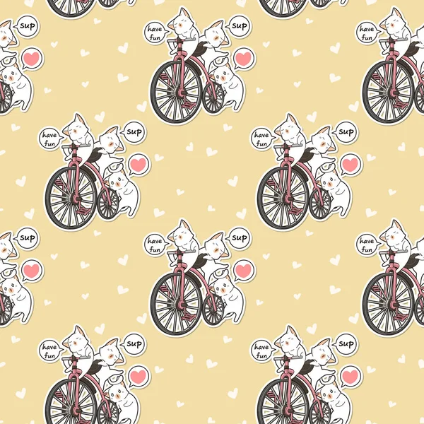 Chats Kawaii Sans Couture Avec Motif Vélo Vintage — Image vectorielle