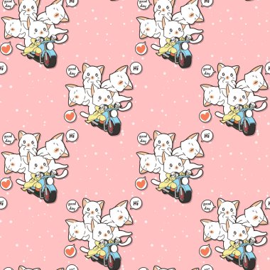 Dikişsiz Kawaii binici kedi ve arkadaşlar bir motosiklet desen sürme