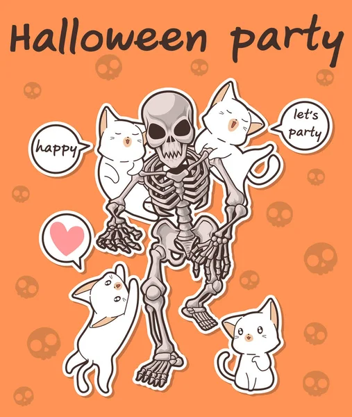 Kawaii Gatos Esqueleto Fiesta Halloween — Vector de stock