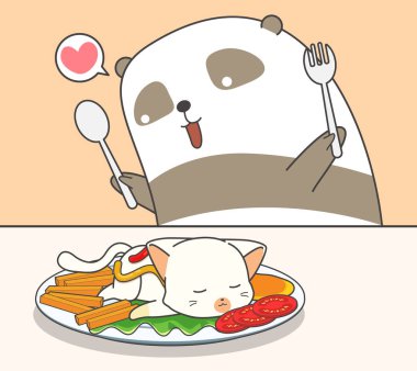 Kawaii panda bir kedi yiyor
