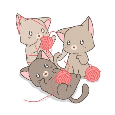 El çizilmiş kawaii kediler pembe iplikler ve iplikler oynuyor