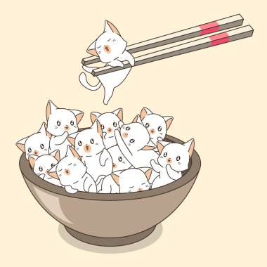 Yemek çubukları ile kasede el çizilmiş kawaii kediler