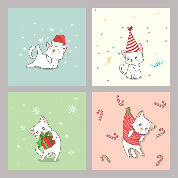 Tarjetas Gato Kawaii Dibujadas Mano Navidad — Vector de stock