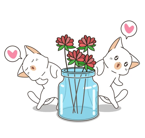 Handgezeichnete Kawaii Katzen Und Blume Der Flasche — Stockvektor