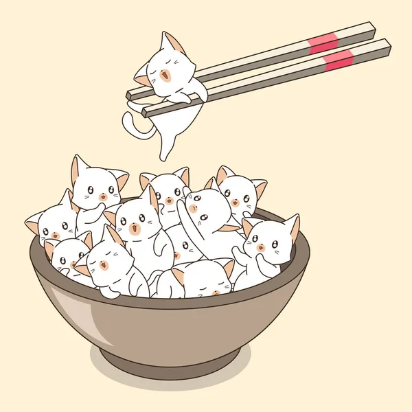 Yemek çubukları ile kasede el çizilmiş kawaii kediler