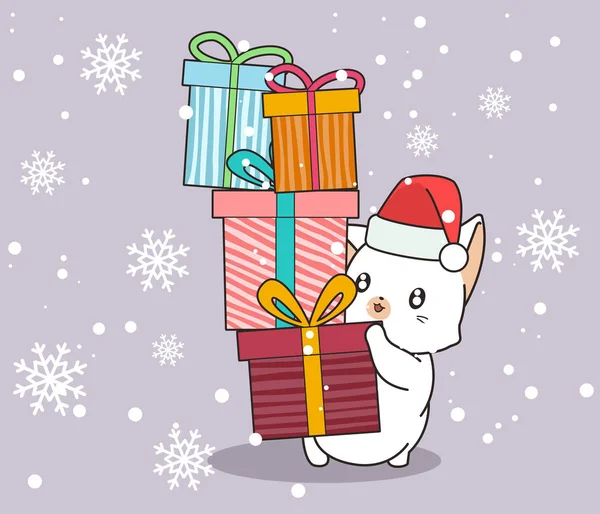 Entzückende Katze Hält Geschenkboxen Auf Schneeflockenhintergrund — Stockvektor