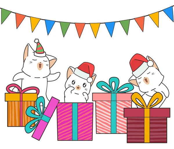 Entzückende Katzenfiguren Und Geschenkboxen Der Party — Stockvektor