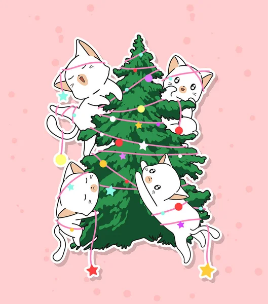 Adorables Personajes Gatos Con Árbol Navidad — Vector de stock