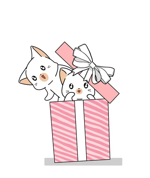Ručně Kreslené Kawaii Kočky Růžové Dárkové Krabičce — Stockový vektor
