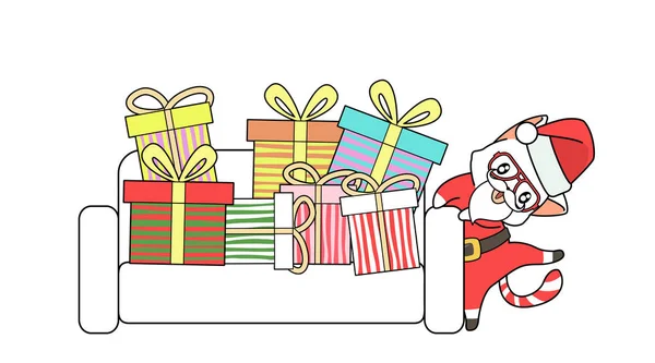 Weihnachtsmann Mit Viel Geschenk Auf Dem Sofa — Stockvektor