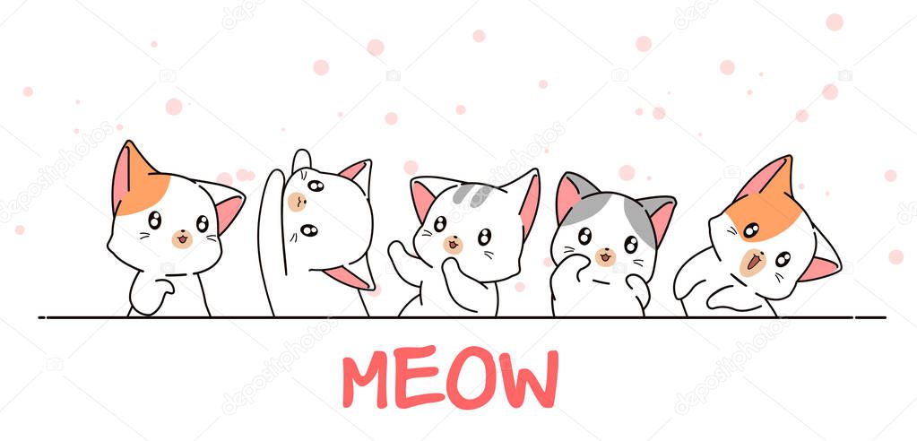 Hand drawn 5 kawaii cat characters