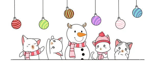 Банерні Коти Сніговик Різдвяними Кульками — стоковий вектор