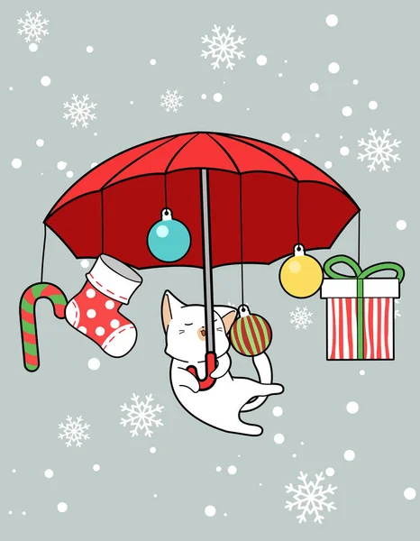 Sevimli Kedi Kış Gününde Şemsiye Tutuyor — Stok Vektör