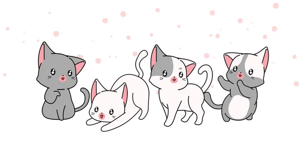 Beyaz arkaplanda el çizimi kawaii kedi çizgi film karakterleri