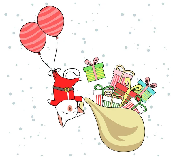 Sevimli Noel Baba Kedisi Balonlarla Uçuyor — Stok Vektör