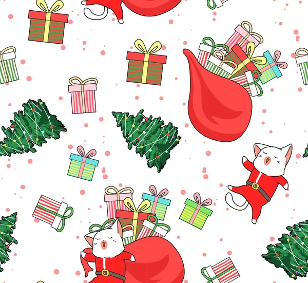 Nahtlose Muster Der Entzückenden Weihnachtsmann Katze Und Objekt Cartoon Weihnachten — Stockvektor