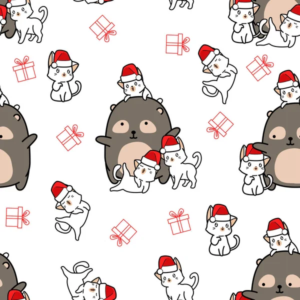Nahtloser Musterbär Und Katzenfiguren Weihnachtstag — Stockvektor