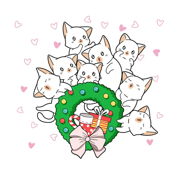 Kawaii Cats Loving Christmas Day — Stock Vector