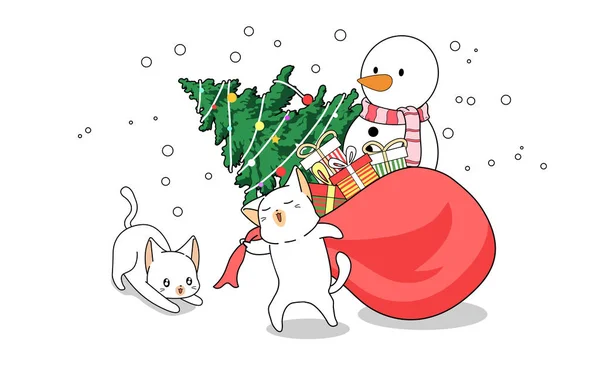Kawaii Kedi Çizgi Filmi Noel Çantasını Sürüklüyor — Stok Vektör