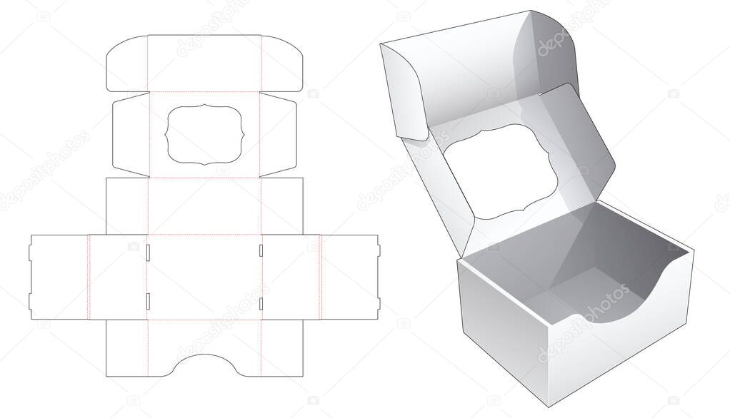 Folding box with flip top which has window die cut template