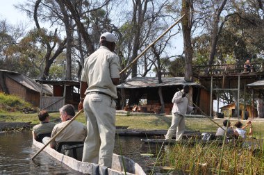 Moremi, Botsvana - Ağustos, 24, 2013: turistler safari kılavuzlarıyla Okavango Deltası üzerinde Kano