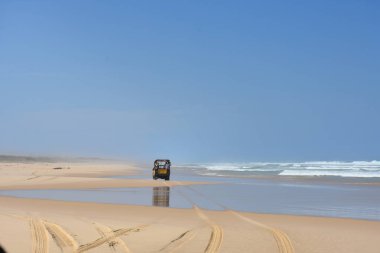 Retba, Senegal - Kasım, 18, 2018: kumsalda araba erkekler dikiz