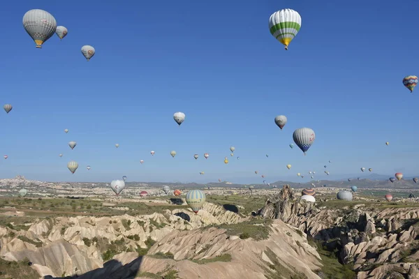 Panoramic View Unusual Rocky Landscape Cappadocia Turkey Colorful Hot Air — Stock Photo, Image