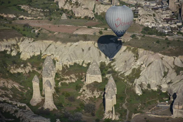 Panoramic View Unusual Rocky Landscape Cappadocia Turkey Colorful Hot Air — Stock Photo, Image