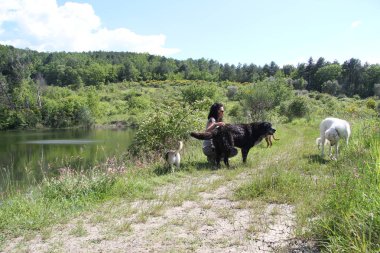 Nehir boyunca köpeklerle yürüyen genç kadın