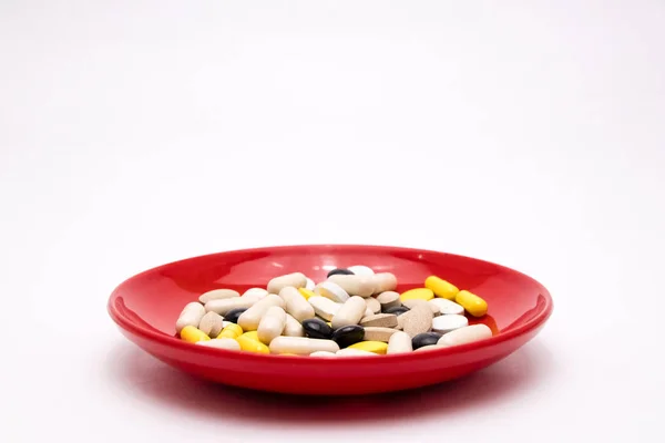 Tema Farmacia Multicolor Píldoras Cápsulas Aisladas Placa — Foto de Stock