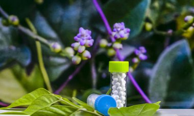 Homeopatik Konsept - Bulanık yabani mor çiçek arka plan ile yeşil yaprakları homeopatik sugarball hapları Şişeleri