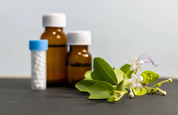 Bottle of homeopathic remedies consisting of the pills (made from an inert substance - sugarlactose) and liquid homeopathic substance with white flower and green leaves closeup