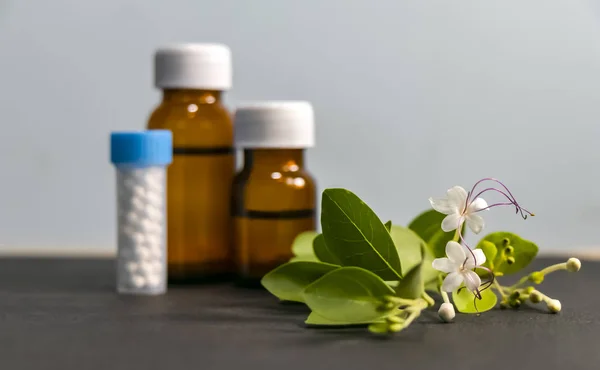 Alternative Medicine Concept Homeopathic Healing Herbs Mortar Pestle Stethoscope Bottle — Stock Photo, Image