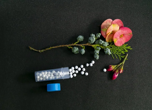 Closeup image of Homeopathic medicine with a bottle containing sugarball of homeopathic substance with fresh wild pink flower, Alternative medicine concept