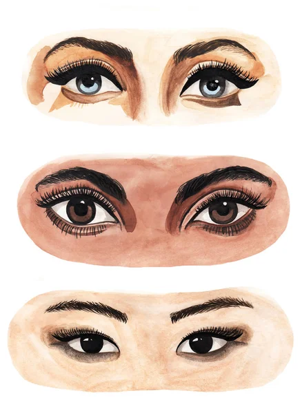 three pairs of beautiful eyes of women of different races with beautiful makeup. Watercolor hand drawn illustration