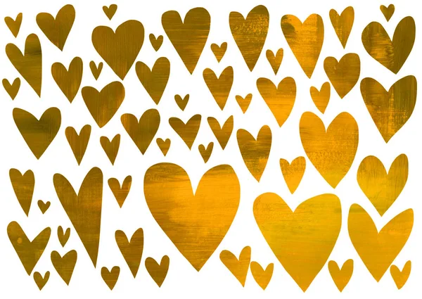 Žlutá Textura Srdíčka Různých Velikostí Izolované Bílém Pozadí Ručně Kreslená — Stock fotografie